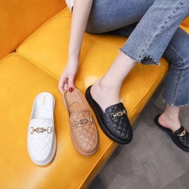 Women's Buckle Decor Flat Mules, Fashion Round Toe Slip On Slide Sandals, All-Match Daily Outdoor Slides