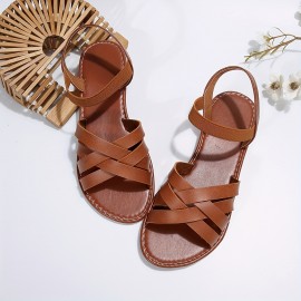 Women's Cross Strap Flat Sandals, Open Toe Elastic Ankle Strap Slip On Shoes, Casual Beach Sandals