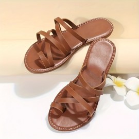 Women's Toe Loop Slide Sandals, Casual Cross Strap Slip On Flats, Lightweight Beach Shoes