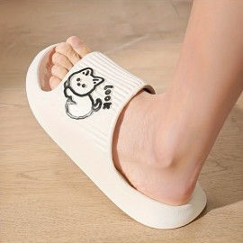 Cute Kitty Pattern EVA Slides, Solid Color Wear-resistant Indoor Shoes, Quick Drying Bathroom Slides