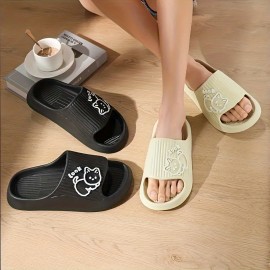 Cute Kitty Pattern EVA Slides, Solid Color Wear-resistant Indoor Shoes, Quick Drying Bathroom Slides
