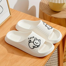 Cute Kitty Pattern EVA Slides, Solid Color Wear-resistant Indoor Shoes, Quick Drying Bathroom Slides