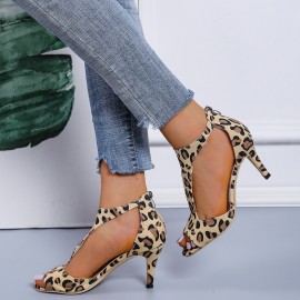 Women's Leopard Print Sexy Sandals, High Heel Hollow Out Fishbill Sandals