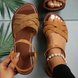Women's Solid Color Flat Sandals, Casual Cross Strap Summer Beach Shoes, Lightweight Elastic Band Shoes