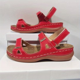 Women's Retro Roman Sandals, Solid Color Hook & Loop Strap Open Toe Shoes, Comfy Slingback Sandals