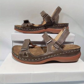 Women's Retro Roman Sandals, Solid Color Hook & Loop Strap Open Toe Shoes, Comfy Slingback Sandals