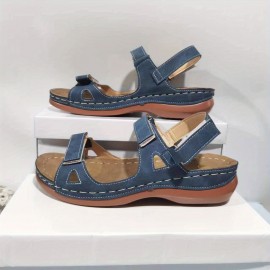 Women's Retro Roman Sandals, Solid Color Hook & Loop Strap Open Toe Shoes, Comfy Slingback Sandals