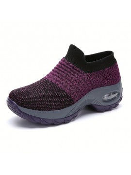 Women's Breathable Knit Sneakers, Comfortable Low Top Slip On Shoes, Women's Air Cushion Shoes