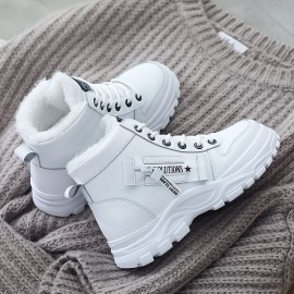 Women's Casual High Top Shoes, Winter Plush Lined Warm Shoes, Thick Soled Lace-up Sports Shoes