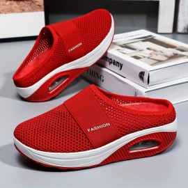 Women's Solid Color Mesh Sneakers, Slip On Soft Sole Platform Home Casual Shoes, Breathable Half Drag Slides Shoes
