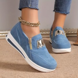 Women's Solid Color Platform Sneakers, Slip On Round Toe Non-slip Side Zipper Low-top Soft Shoes, Outdoor Comfy Shoes