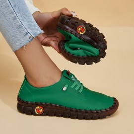 Women's Flat Low Top Sneakers, Solid Color Soft Sole Faux Leather Shoes, Comfy Lace Up Walking Trainers