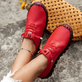 Women's Flat Low Top Sneakers, Solid Color Soft Sole Faux Leather Shoes, Comfy Lace Up Walking Trainers