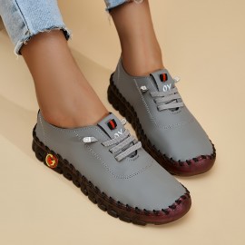 Women's Flat Low Top Sneakers, Solid Color Soft Sole Faux Leather Shoes, Comfy Lace Up Walking Trainers