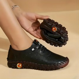 Women's Soft Sole Sneakers, Casual Lace Up Faux Leather Loafers, Lightweight Low Top Walking Shoes