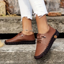 Women's Soft Sole Sneakers, Casual Lace Up Faux Leather Loafers, Lightweight Low Top Walking Shoes