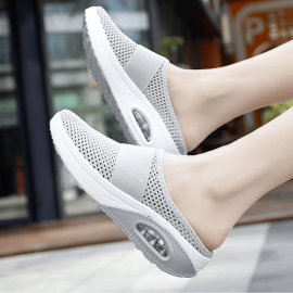 Women's Mesh Flat Shoes, Air Cushion Half Slippers, Slip On Breathable Casual Shoes