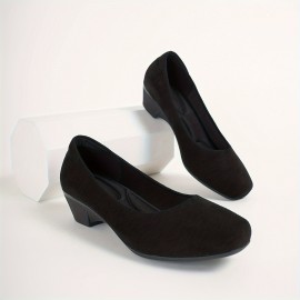 Women's Solid Color Trendy Shoes, Slip On Shallow Mouth Comfy Block Heel Shoes, Lightweight Daily Soft Sole Shoes