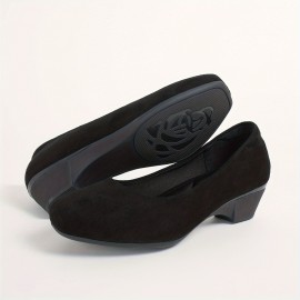 Women's Solid Color Trendy Shoes, Slip On Shallow Mouth Comfy Block Heel Shoes, Lightweight Daily Soft Sole Shoes