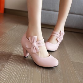 Round Toe Pumps Kitten Heels, Bowknot Ankle Straps PU Leather Fashion Dance Work Dress Chunky Shoes, Women's Footwear