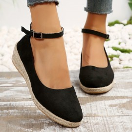 Women's Espadrilles Wedge Heel Shoes, Comfy Solid Ankle Buckle Strap Anti-skid Heels, Casual Walking Shoes