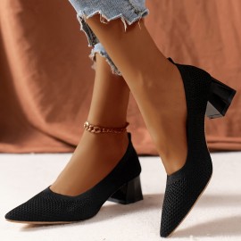 Women's Knitted Chunky Low Heels, Pointed Toe & Cap Toe Slip On Shoes, Comfy Breathable Low Heels