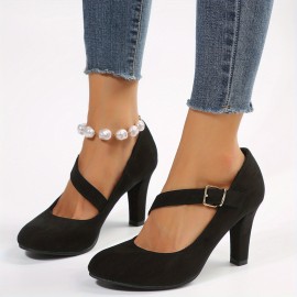 Women's Solid Color Block Heels, Elegant Buckle Strap Dress Pumps, Comfortable Black Heels