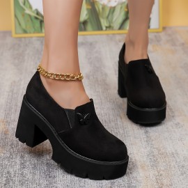 Women's Solid Color Loafers, Butterfly Decor Soft Sole Platform Casual Shoes, Chunky Heel Versatile Shoes