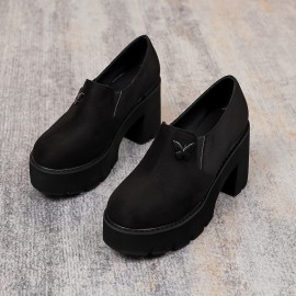 Women's Solid Color Loafers, Butterfly Decor Soft Sole Platform Casual Shoes, Chunky Heel Versatile Shoes