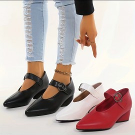 Women's Chunky Mid Heels, Solid Color Pointed Toe Buckle Strap Shoes, Versatile Dance Shoes