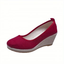 Women's Mesh Wedge Shoes, Breathable Soft Sole Slip On Shoes, Casual Linen Soft Wedge Heels