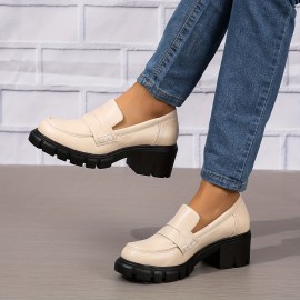 Women's Chunky Heeled Loafers, Solid Color Round Toe PU Leather Shoes, Versatile Platform Shoes