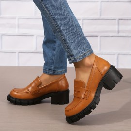 Women's Chunky Heeled Loafers, Solid Color Round Toe PU Leather Shoes, Versatile Platform Shoes