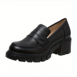 Women's Chunky Heeled Loafers, Solid Color Round Toe PU Leather Shoes, Versatile Platform Shoes
