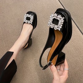 Women's Retro Chunky Heel Sandals, Stylish Rhinestone Decor Buckle Strap Shoes, Women's Fashion Slingback Shoes