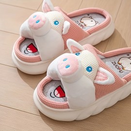 Women's Kawaii Animal Novelty Slippers, Cute Cartoon Flax Memory Foam Home Shoes, Comfy Open Toe Bedroom Slippers