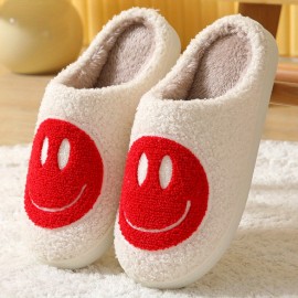 Kawaii Design Smiling Face Slippers, Warm Slip On Soft Plush Cozy Shoes, Women's Indoor Home Slippers
