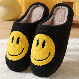 Kawaii Design Smiling Face Slippers, Warm Slip On Soft Plush Cozy Shoes, Women's Indoor Home Slippers