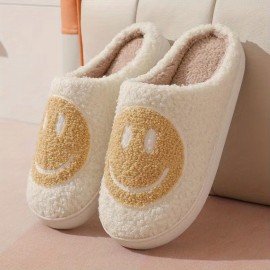 Kawaii Design Smiling Face Slippers, Warm Slip On Soft Plush Cozy Shoes, Women's Indoor Home Slippers