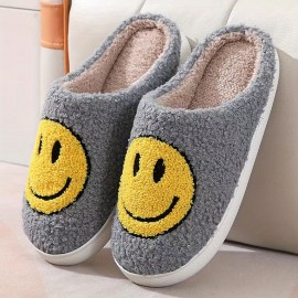 Kawaii Design Smiling Face Slippers, Warm Slip On Soft Plush Cozy Shoes, Women's Indoor Home Slippers