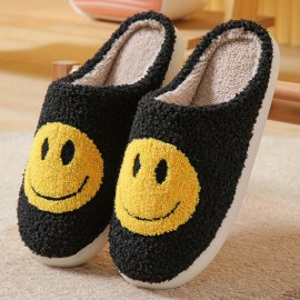 Kawaii Design Smiling Face Slippers, Warm Slip On Soft Plush Cozy Shoes, Women's Indoor Home Slippers