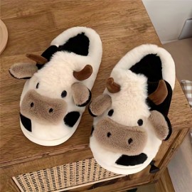 Cute Cartoon Cow Design Slippers, Kawaii Plush Lined Non Slip Bedroom Shoes, Warm & Comfortable Shoes