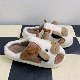 Cute Cartoon Cow Design Slippers, Kawaii Plush Lined Non Slip Bedroom Shoes, Warm & Comfortable Shoes