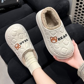 Cute Bear Waterproof Slippers, Cozy & Warm Plush Lined Slip On Shoes, Winter Indoor & Outdoor Slippers