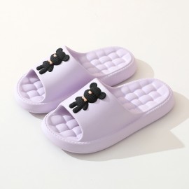 Women's Kawaii Teddy Bear Pillow Slides, Solid Color Cute Cartoon Non-slip Massage Slippers, Indoor Bathroom Shoes